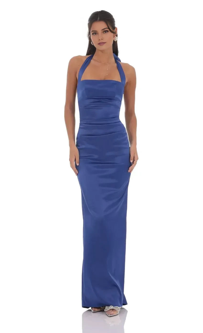 Chic Sheath Halter Neck Sleeveless Tie Back Floor Length Evening Dress