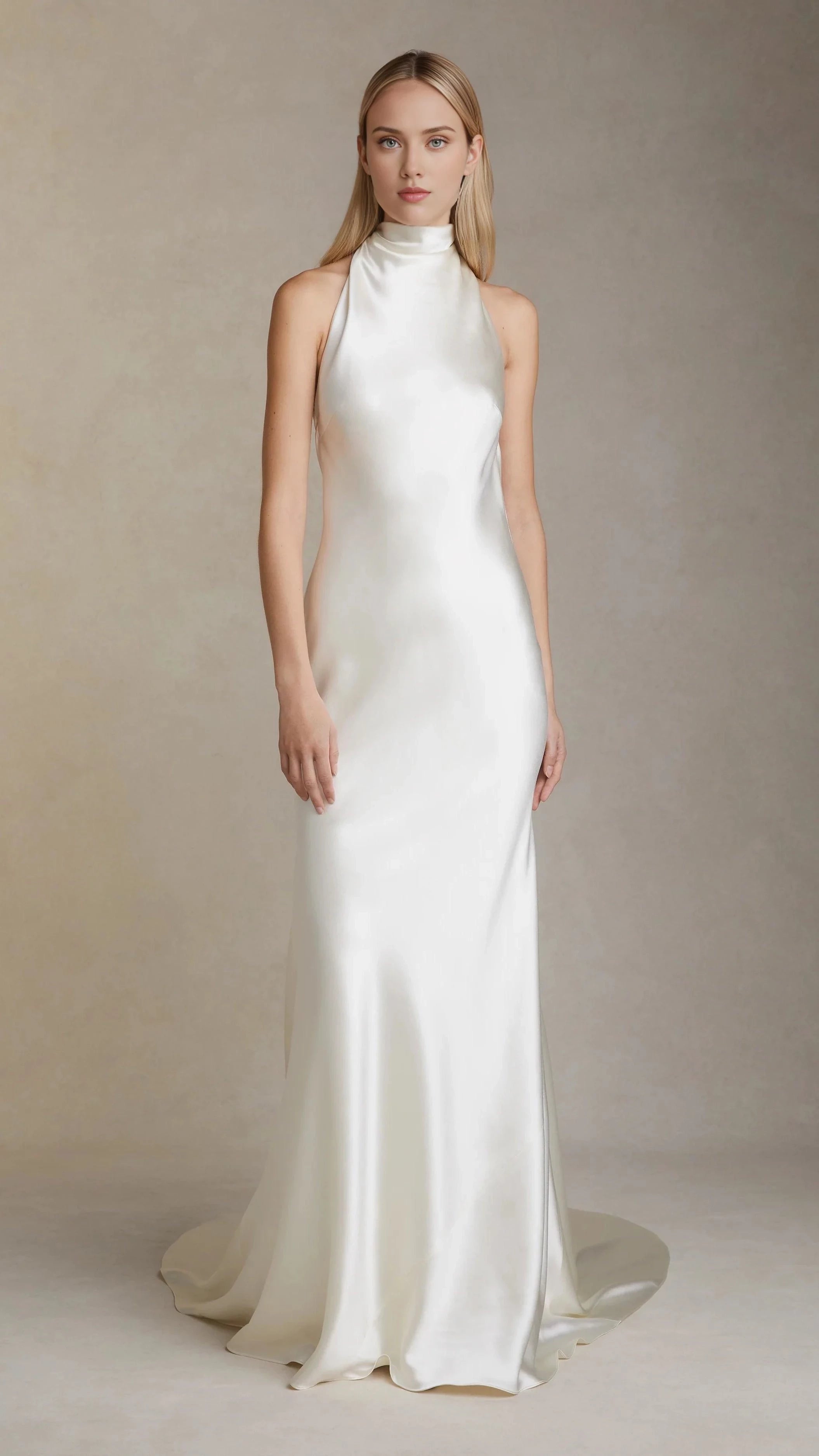 Chic Sheath Halter Neck Sleeveless Tie Back Floor Length Wedding Dress