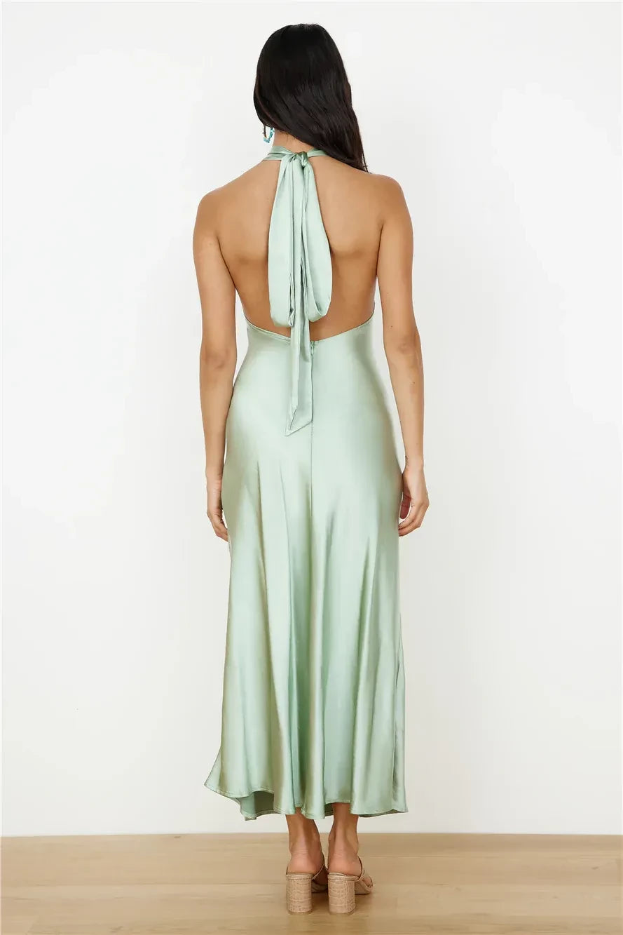 Chic Sheath Halter Neck Sleeveless Tie Back Side Slit Floor Length Prom Dress