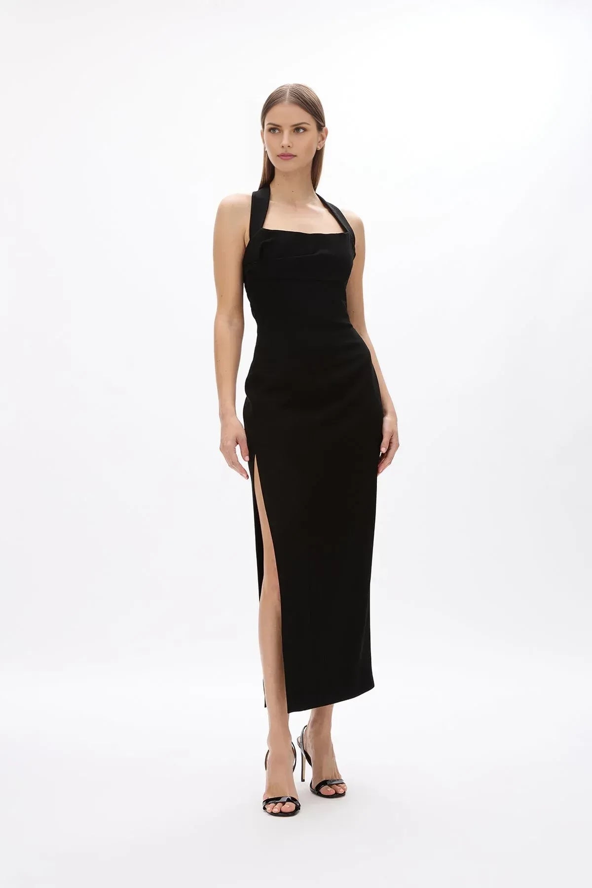 Chic Sheath Halter Sleeveless Cut Out Back Midi Length Evening Dress