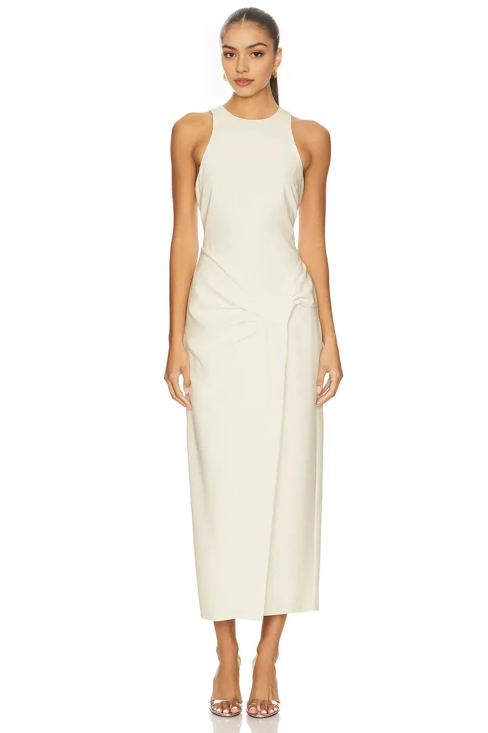 Chic Sheath High Neck Sleeveless Knot Detail Midi Length Prom Dress