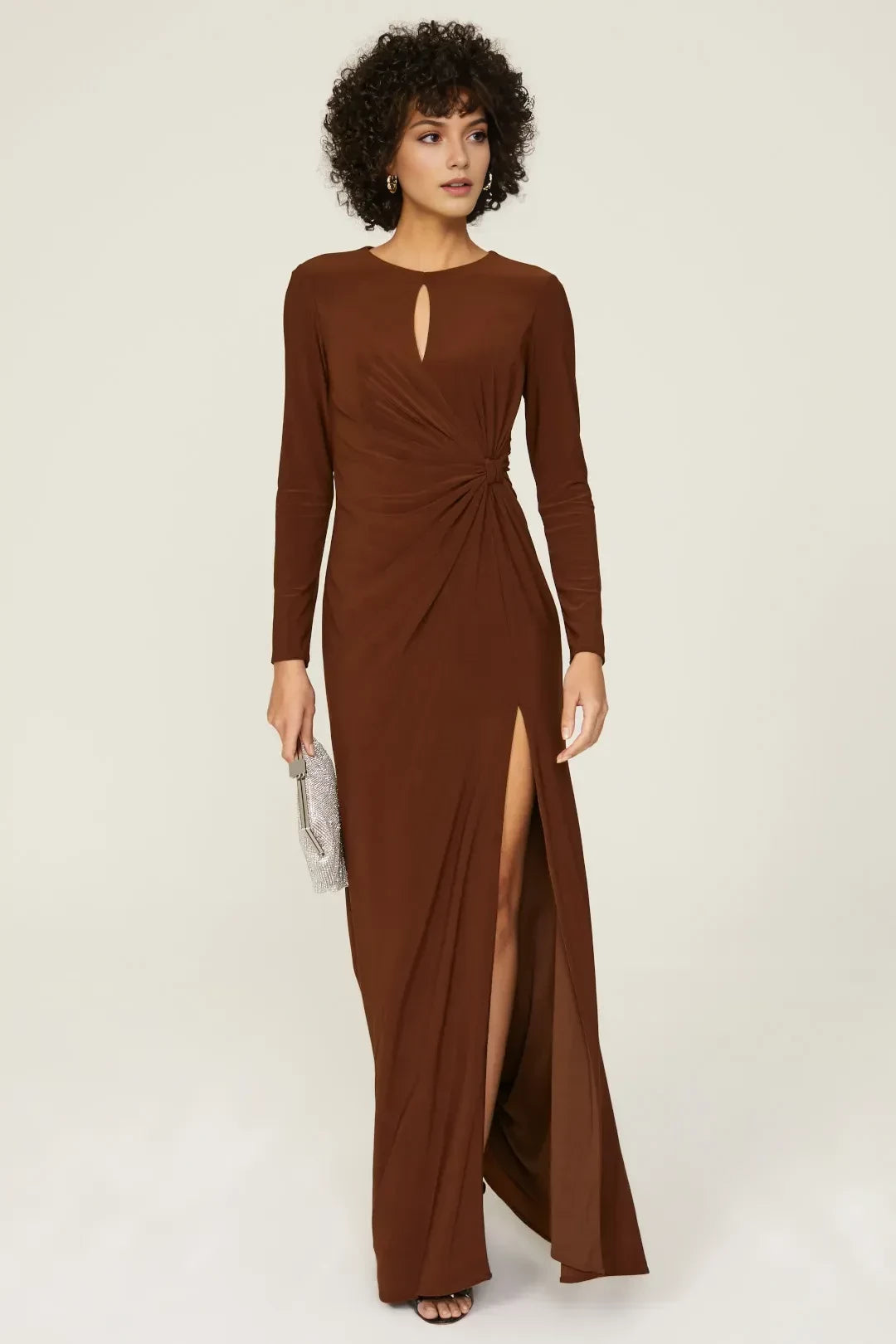 Chic Sheath Keyhole Neck Long Sleeve Ruched Side High Slit Floor Length Plus Size Prom Dress