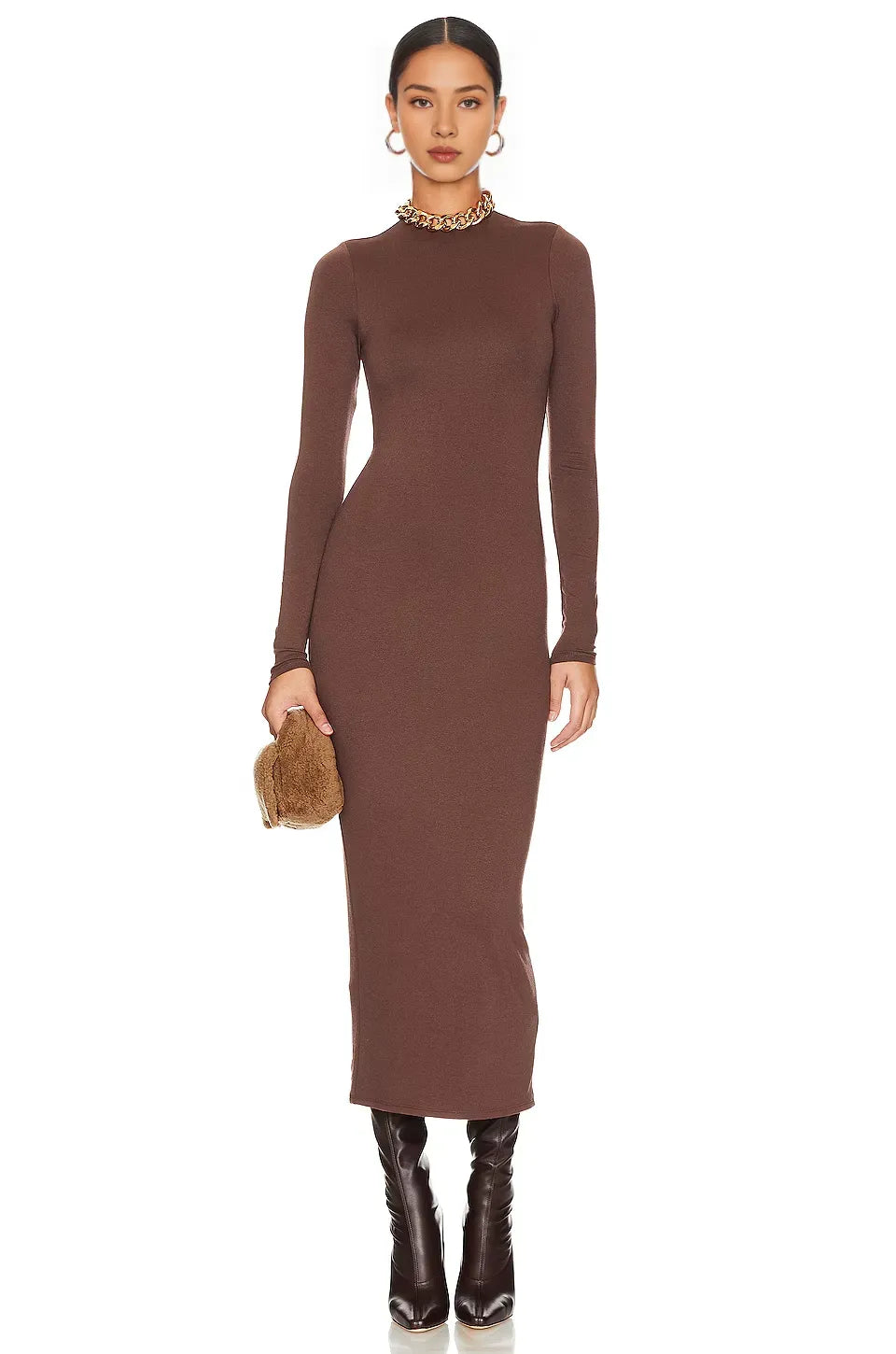 Chic Sheath Mock Neck Long Sleeve Zipper Back Midi Length Evening Dress