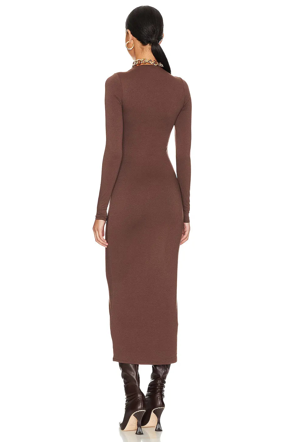 Chic Sheath Mock Neck Long Sleeve Zipper Back Midi Length Evening Dress