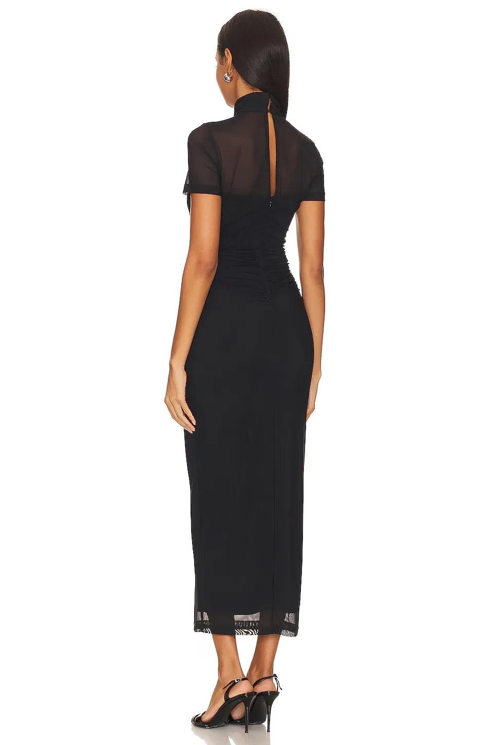 Chic Sheath Mock Neck Short Sleeve Keyhole Back Mesh Hem Midi Length Evening Dress