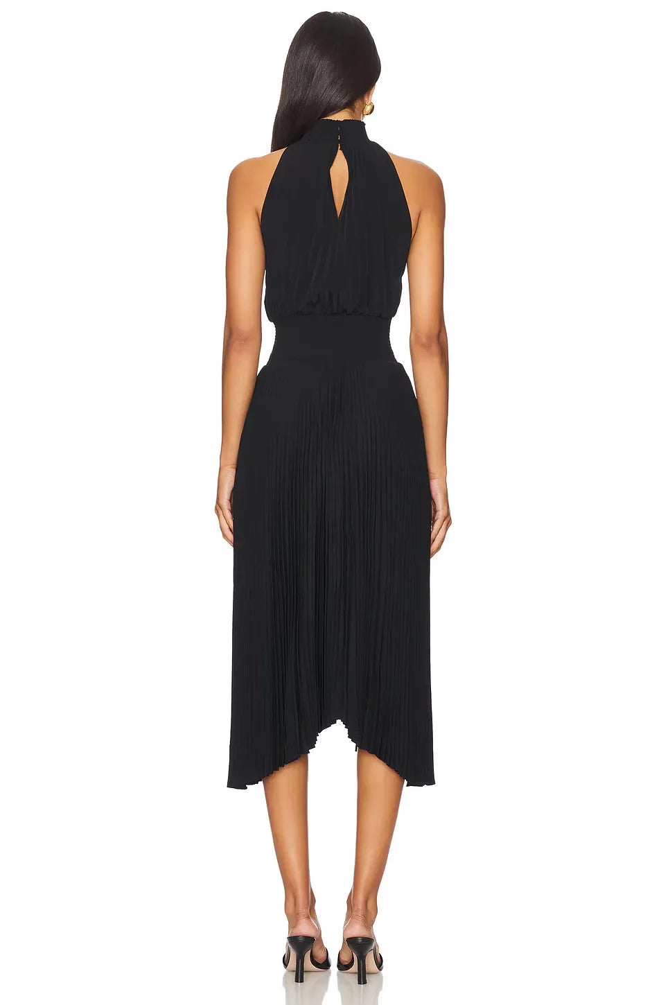 Chic Sheath Mock Neck Sleeveless Keyhole Back Pleated Hem Midi Length Evening Dress