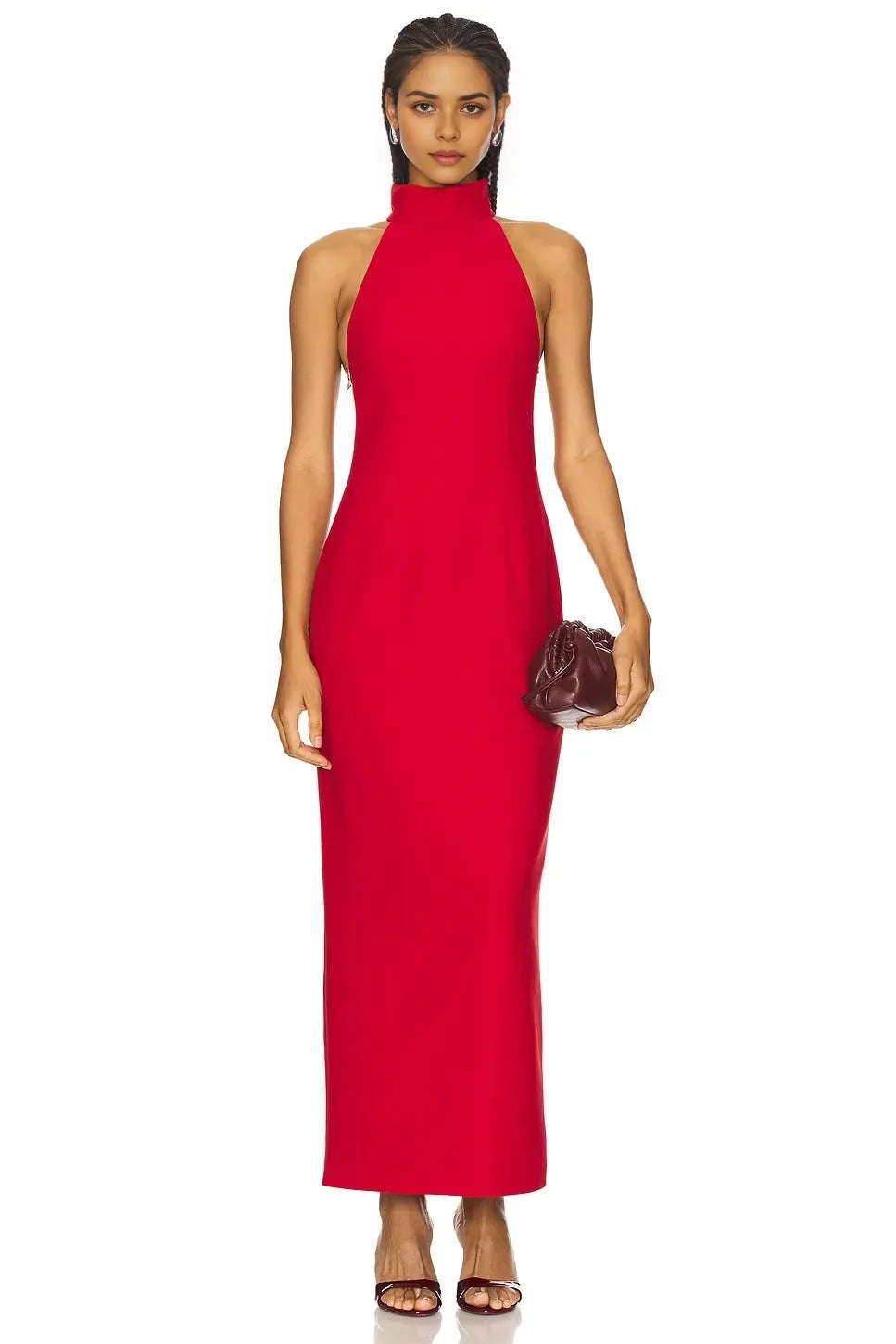 Chic Sheath Mock Neck Sleeveless Zipper Back High Slit Midi Length Prom Dress