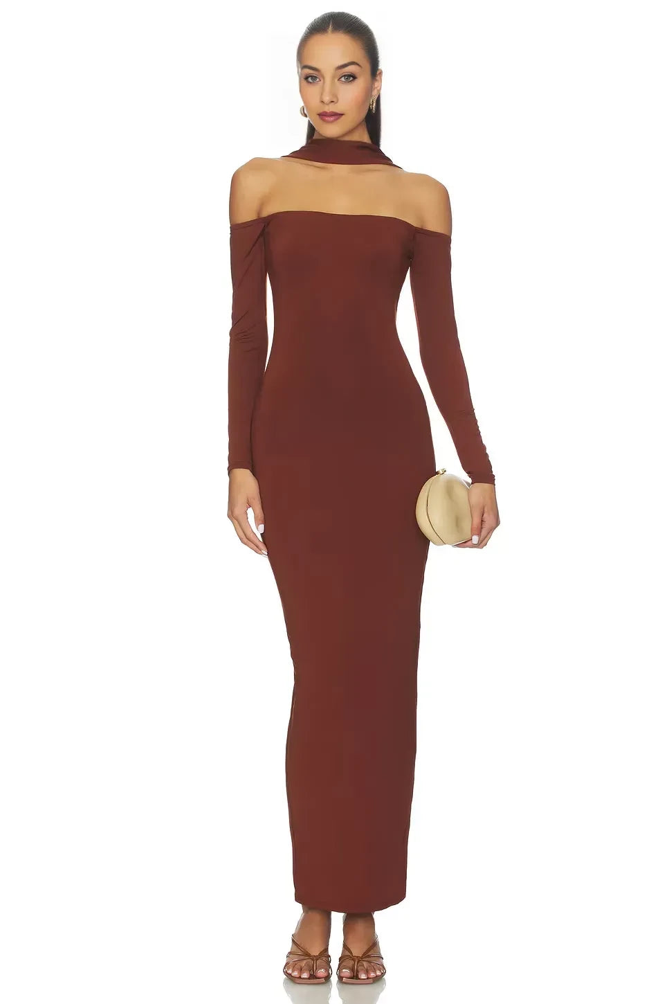 Chic Sheath Off Shoulder Long Sleeve Cutout Back Floor Length Evening Dress