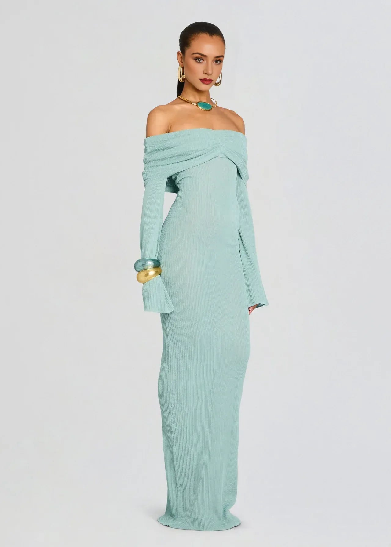 Chic Sheath Off Shoulder Long Sleeve Open Back Floor Length Plus Size Prom Dress