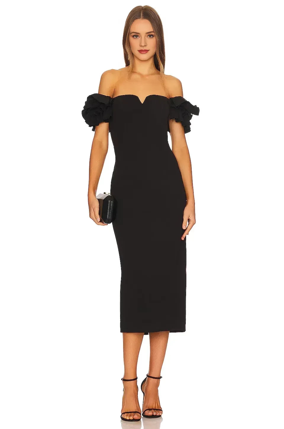 Chic Sheath Off Shoulder Ruffled Short Sleeve Zipper Back Midi Length Evening Dress