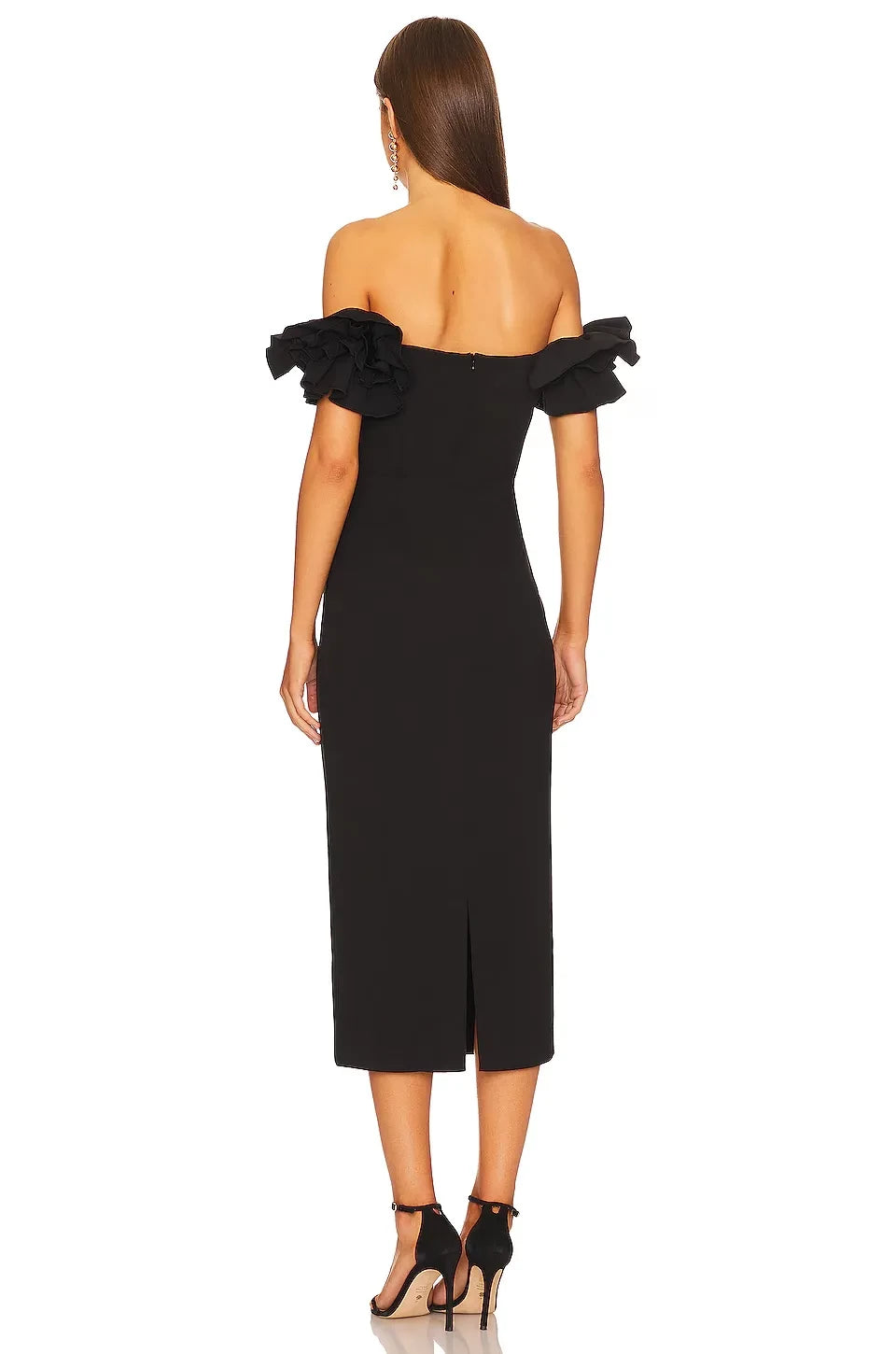 Chic Sheath Off Shoulder Ruffled Short Sleeve Zipper Back Midi Length Evening Dress