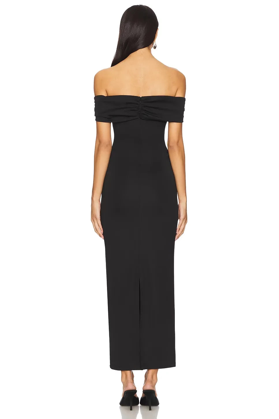 Chic Sheath Off Shoulder Short Sleeve Ruched Back Slit Back Midi Length Evening Dress