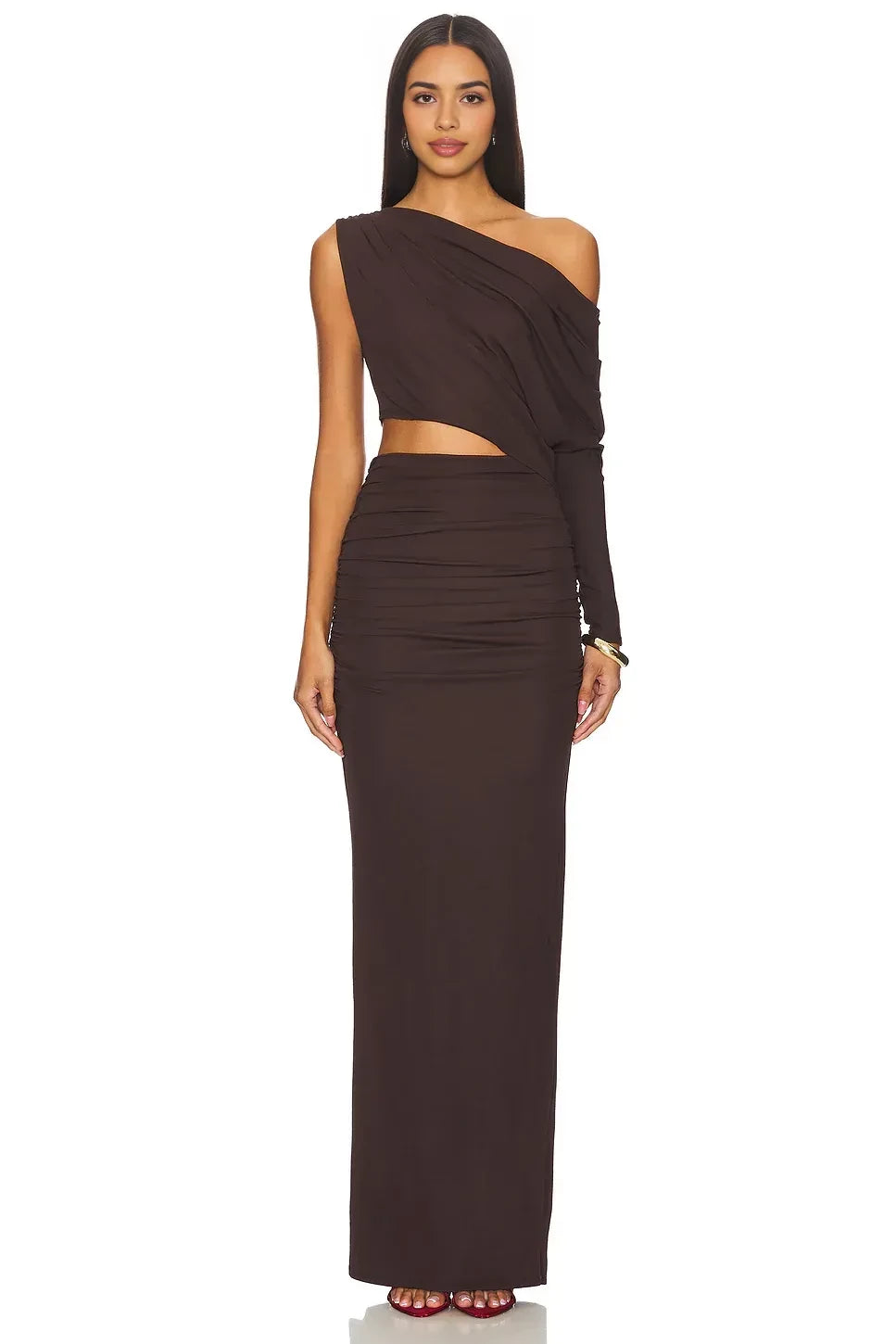 Chic Sheath One Shoulder Asymmetric Sleeve Cut Out Back High Slit Floor Length Evening Dress
