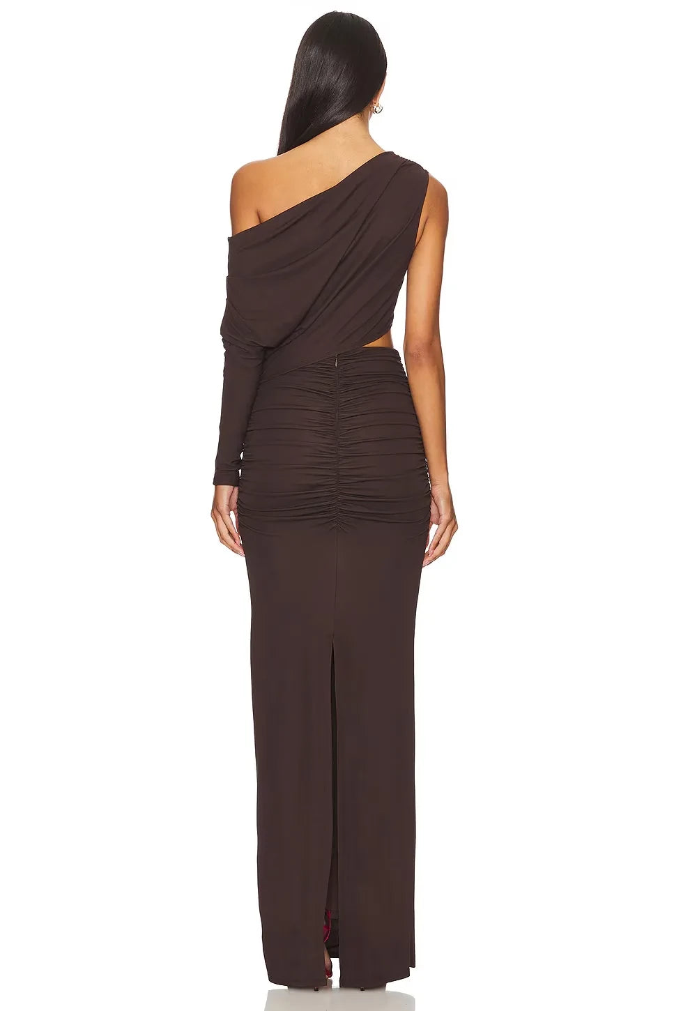 Chic Sheath One Shoulder Asymmetric Sleeve Cut Out Back High Slit Floor Length Evening Dress