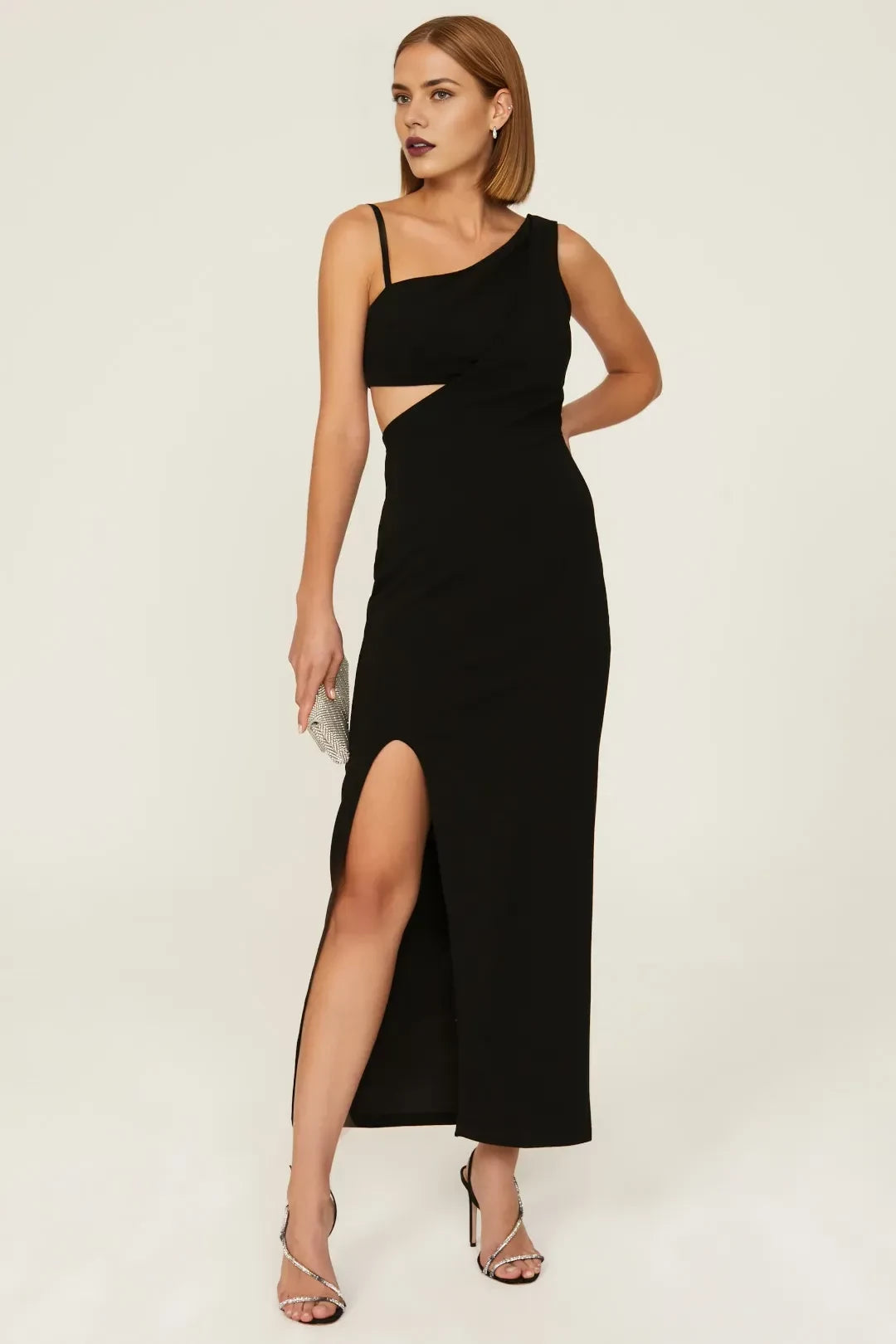 Chic Sheath One Shoulder Cutout Waist High Slit Midi Length Plus Size Prom Dress