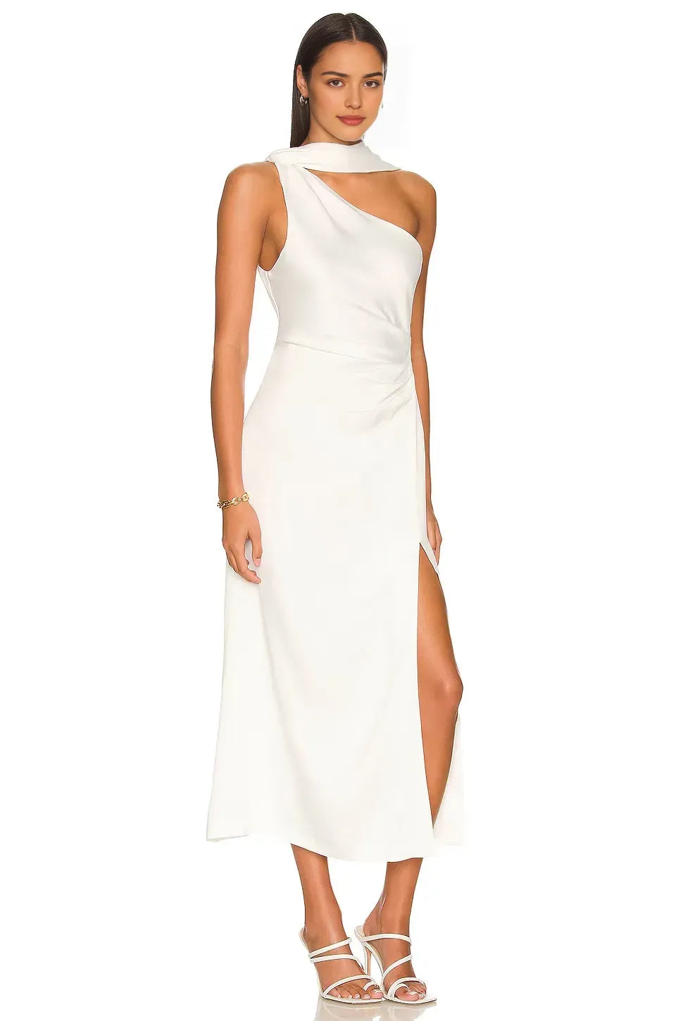 Chic Sheath One Shoulder Drape Neck Sleeveless Open Back Midi Evening Dress