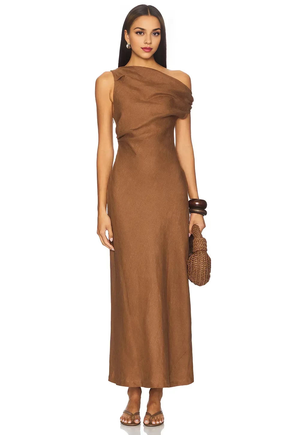 Chic Sheath One Shoulder Draped Sleeve Asymmetric Back Midi Length Evening Dress