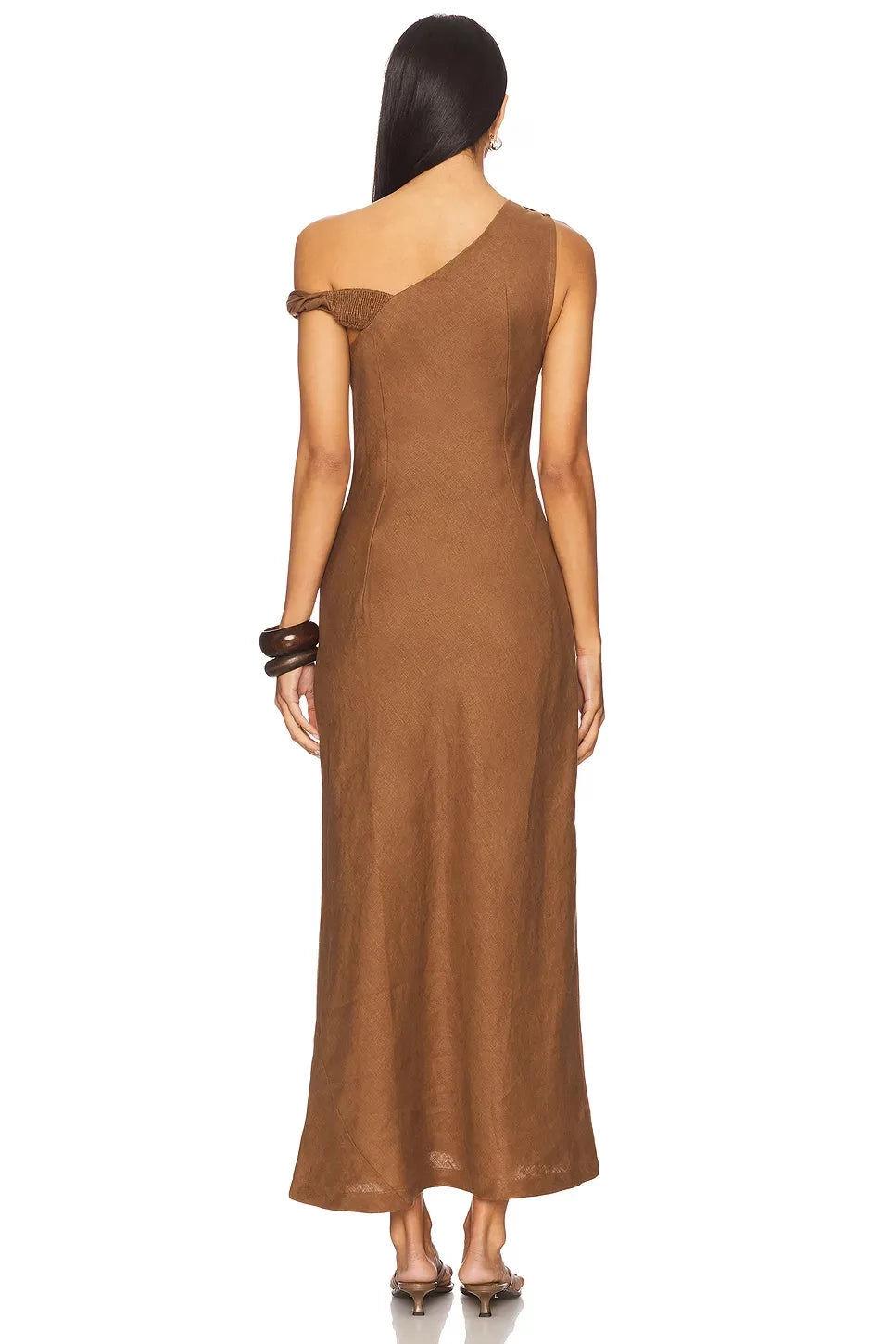 Chic Sheath One Shoulder Draped Sleeve Asymmetric Back Midi Length Evening Dress