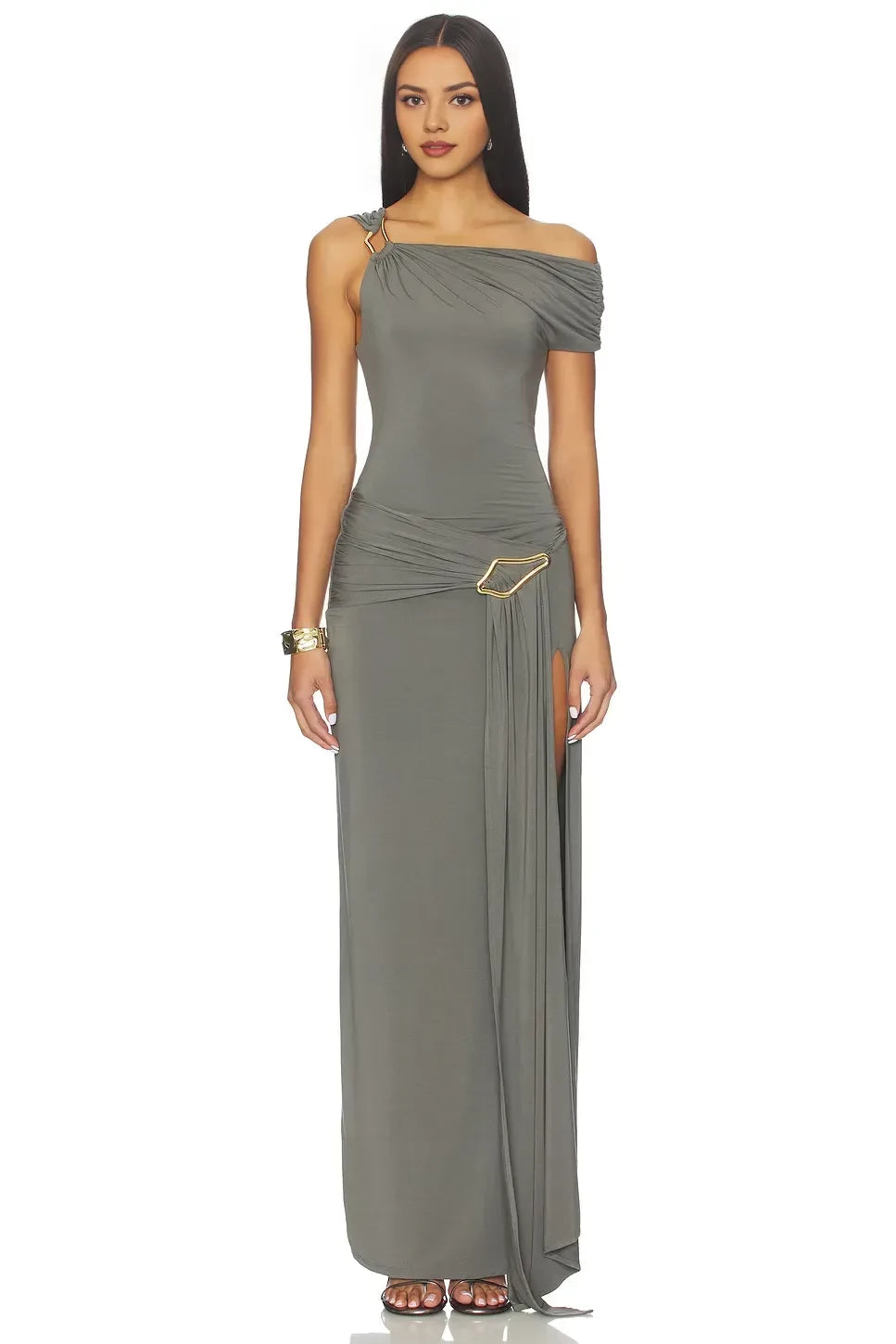 Chic Sheath One Shoulder Draped Sleeve Asymmetric Slit Floor Length Evening Dress