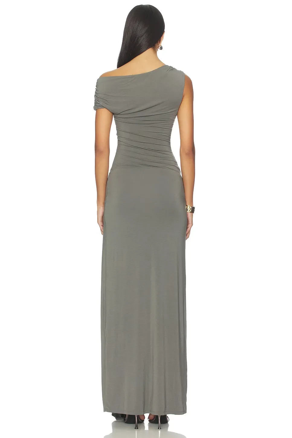 Chic Sheath One Shoulder Draped Sleeve Asymmetric Slit Floor Length Evening Dress