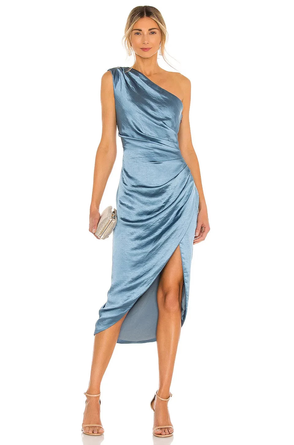 Chic Sheath One Shoulder Draped Sleeve High Slit Midi Length Evening Dress
