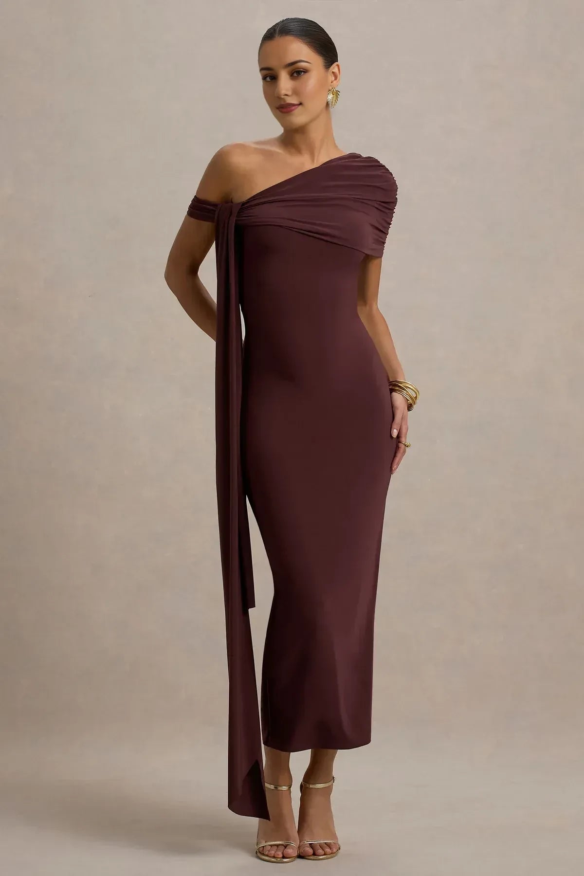 Chic Sheath One Shoulder Draped Sleeve Zipper Back Midi Length Evening Dress