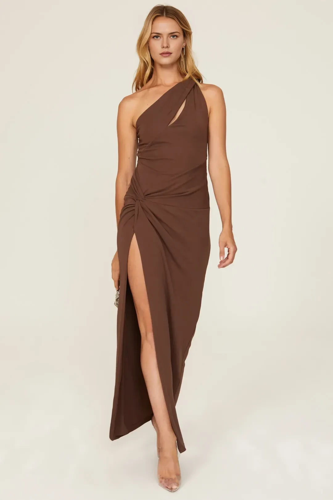 Chic Sheath One Shoulder Knot Detail High Slit Floor Length Plus Size Prom Dress