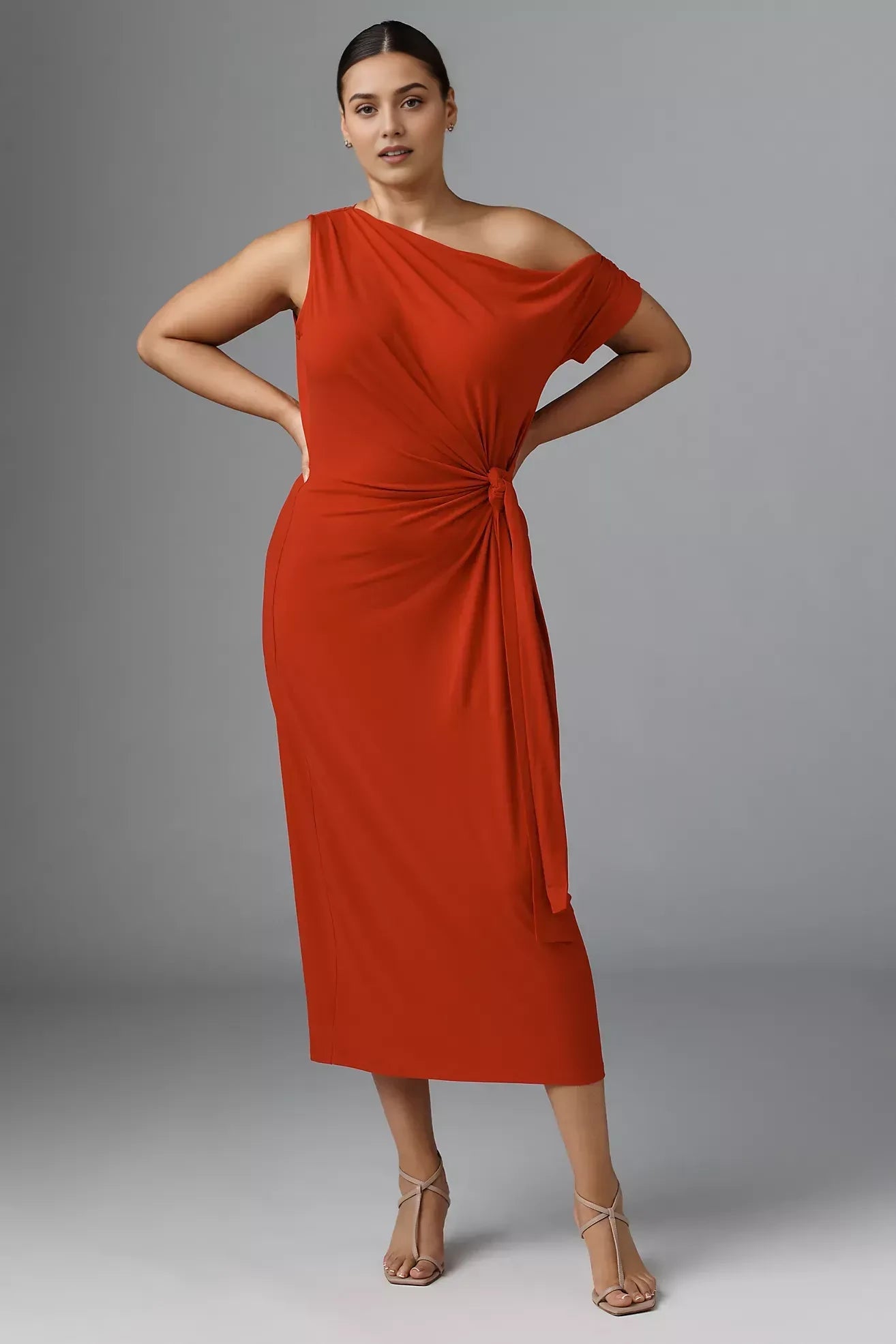 Chic Sheath One Shoulder Short Sleeve Knot Front Midi Length Evening Dress