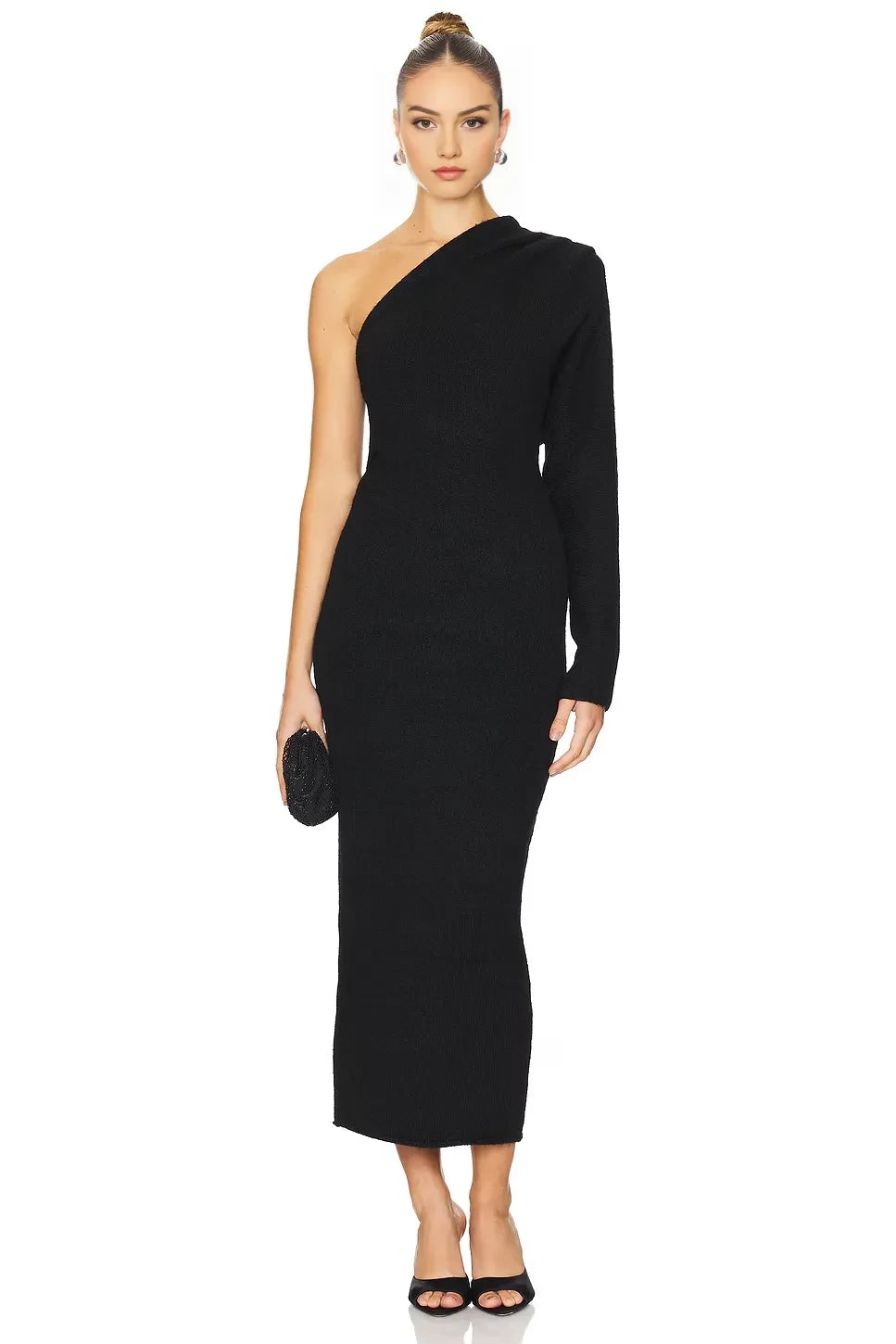 Chic Sheath One Shoulder Single Sleeve Asymmetric Back Midi Length Evening Dress