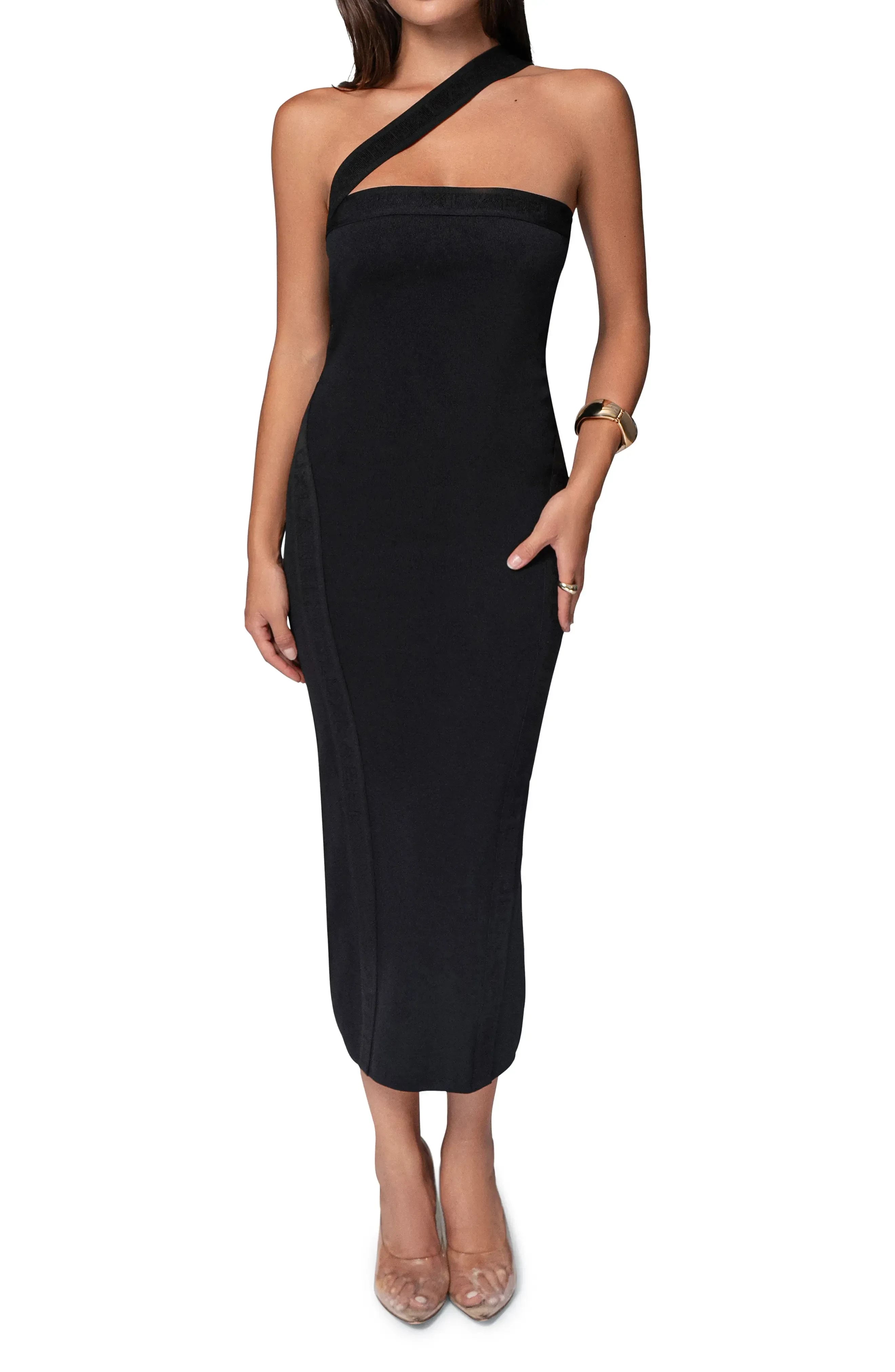 Chic Sheath One Shoulder Sleeveless Plain Back Midi Length Evening Dress