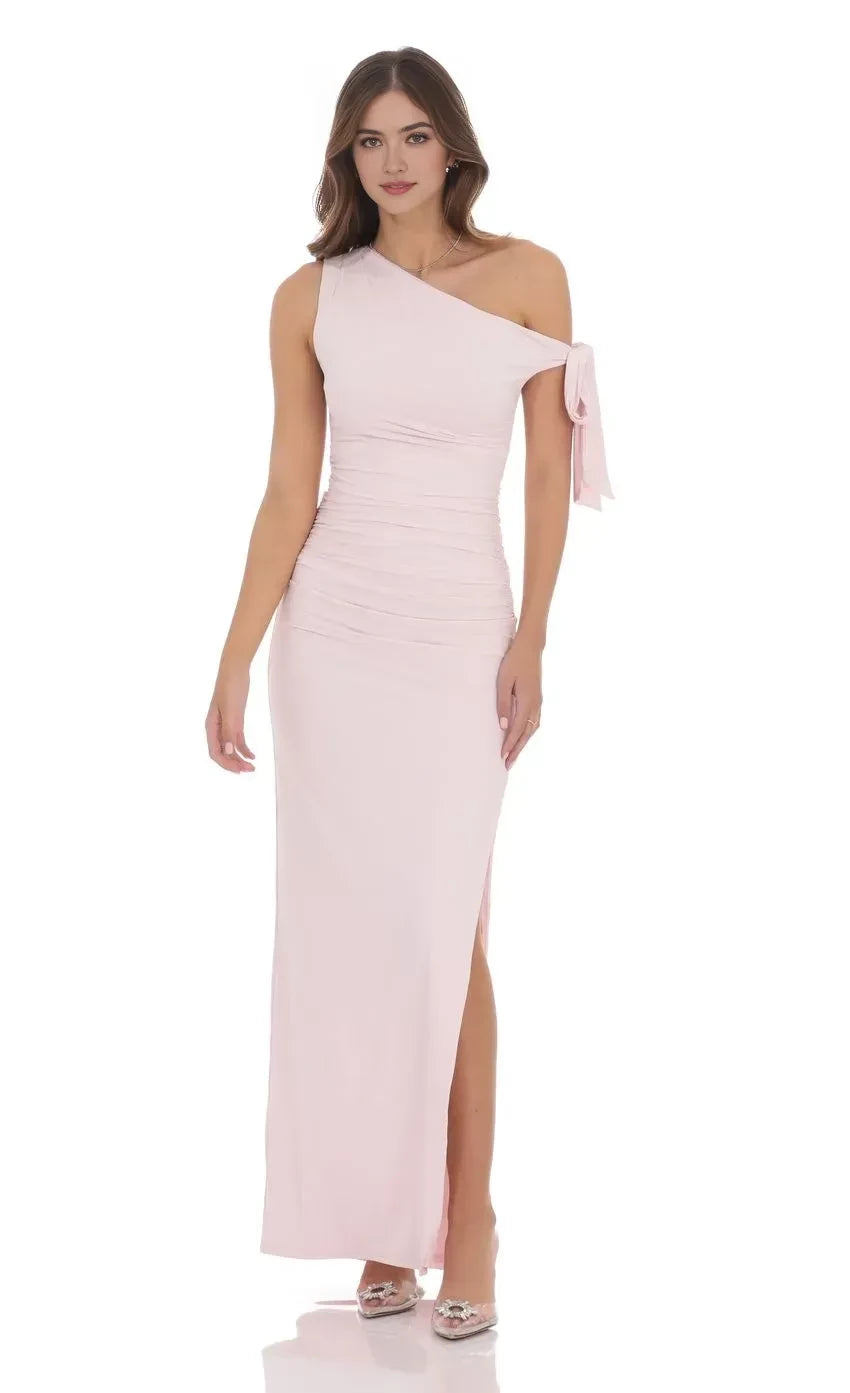 Chic Sheath One Shoulder Tie Sleeve Plain Back Floor Length Evening Dress