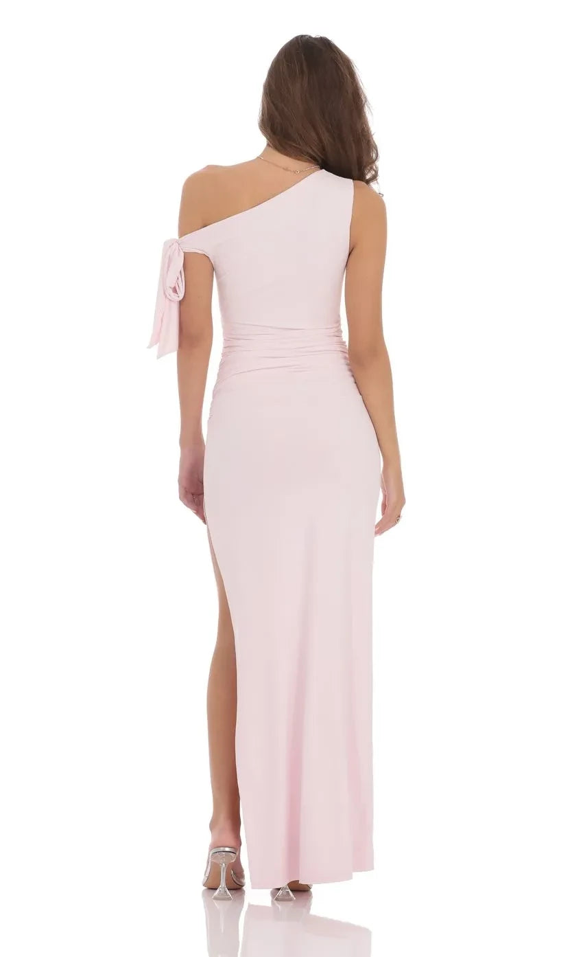 Chic Sheath One Shoulder Tie Sleeve Plain Back Floor Length Evening Dress