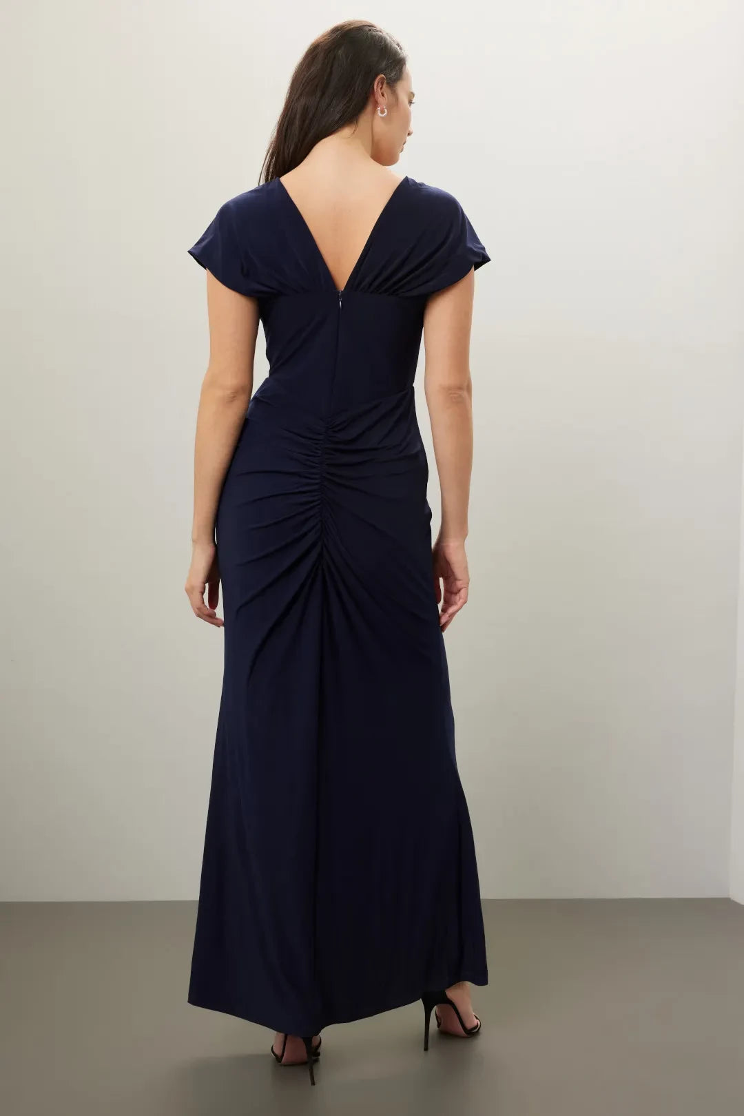 Chic Sheath Plunge Neck Cap Sleeve Ruched Side Floor Length Plus Size Prom Dress