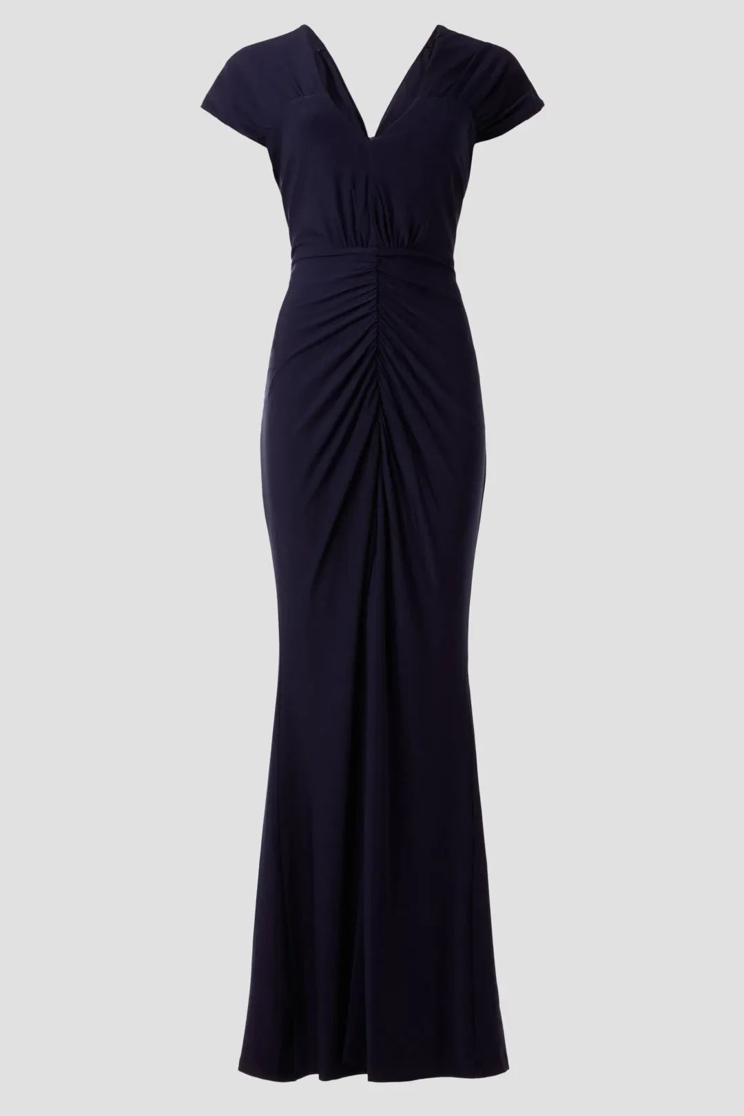 Chic Sheath Plunge Neck Cap Sleeve Ruched Side Floor Length Plus Size Prom Dress