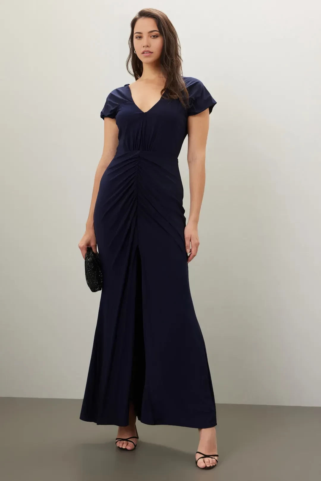 Chic Sheath Plunge Neck Cap Sleeve Ruched Side Floor Length Plus Size Prom Dress