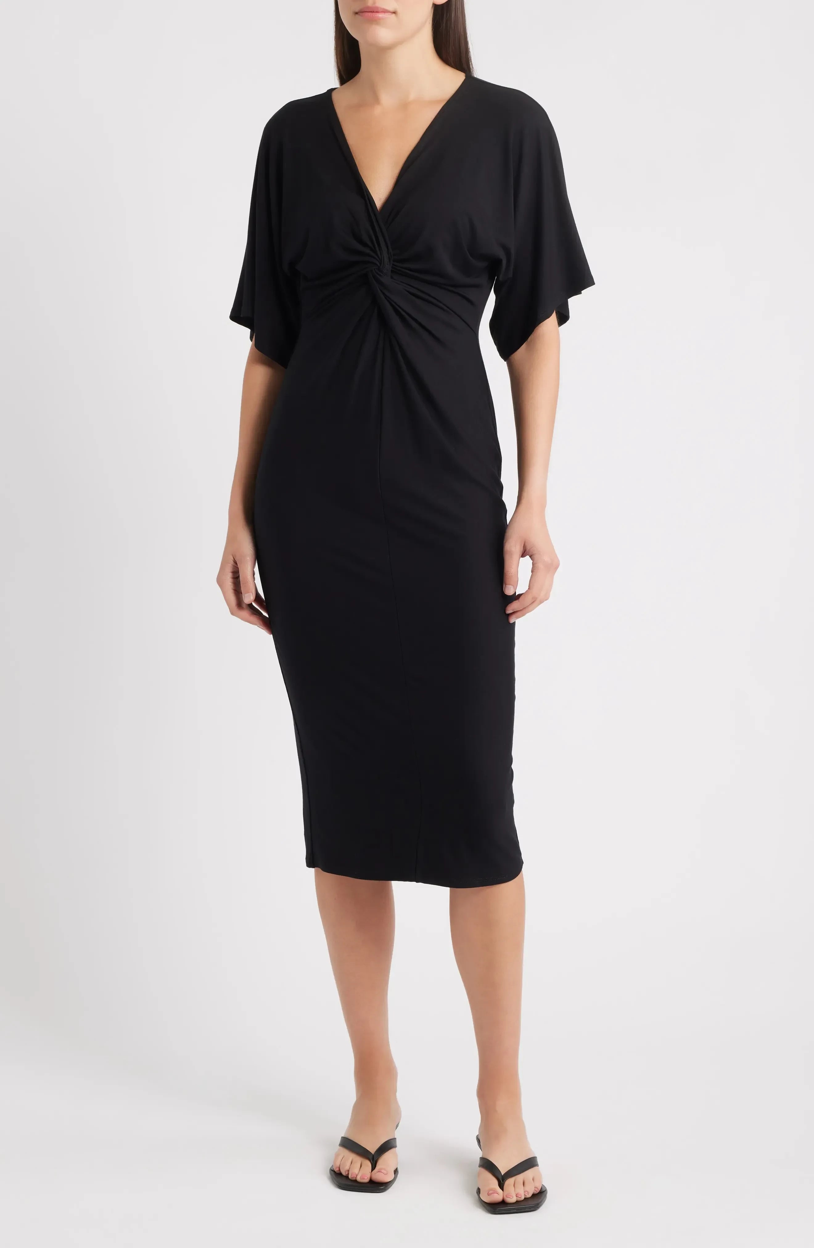 Chic Sheath Plunging V Neck Flutter Sleeve Zipper Back Knee Length Evening Dress