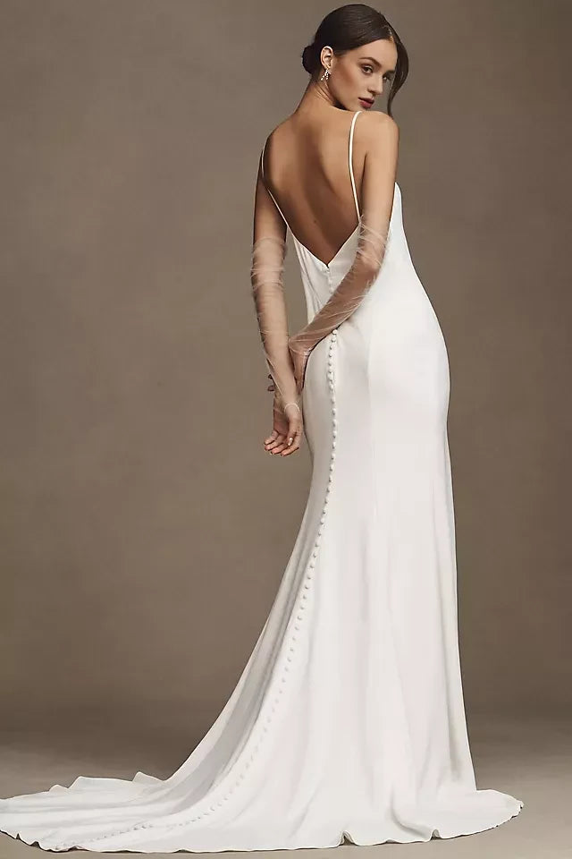 Chic Sheath Square Neck Sleeveless Button Back Floor Length Wedding Dress