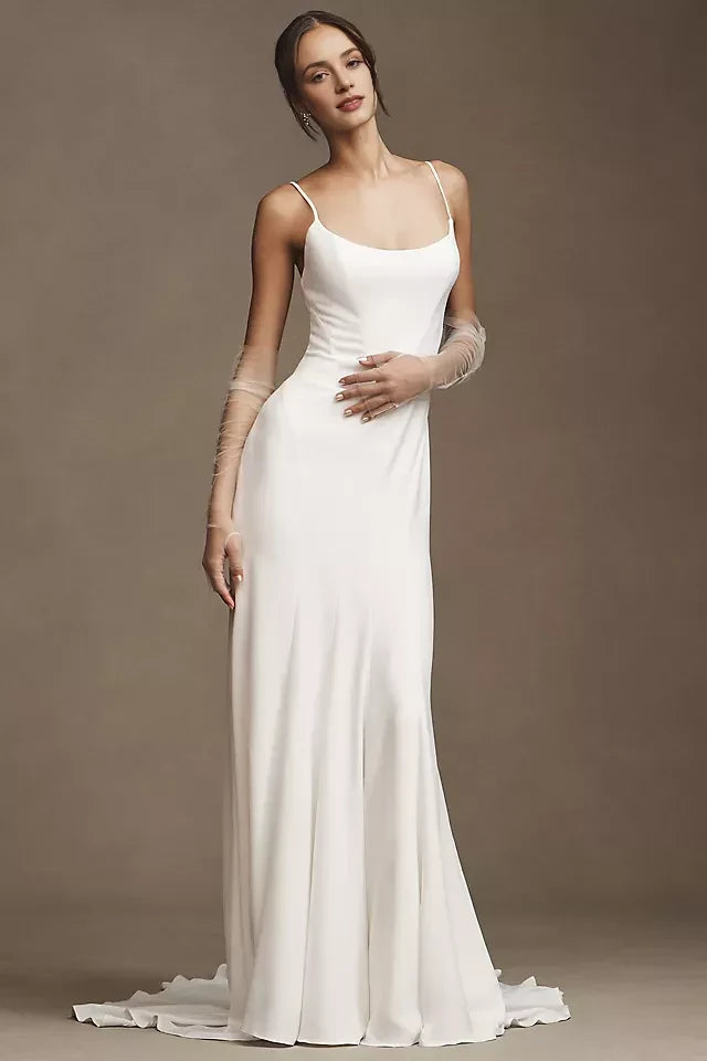 Chic Sheath Square Neck Sleeveless Button Back Floor Length Wedding Dress