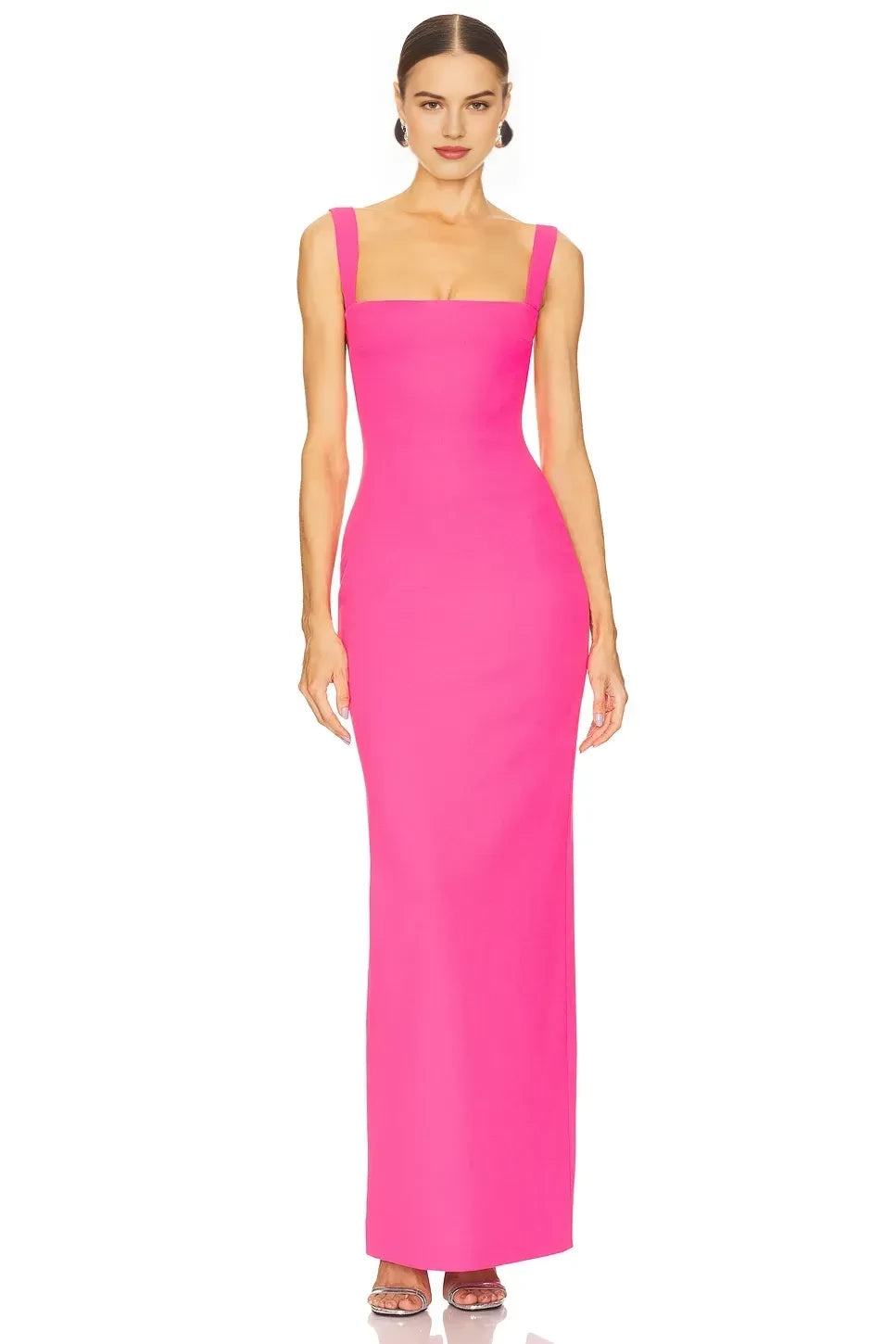 Chic Sheath Square Neck Sleeveless Open Back Slit Back Floor Length Evening Dress