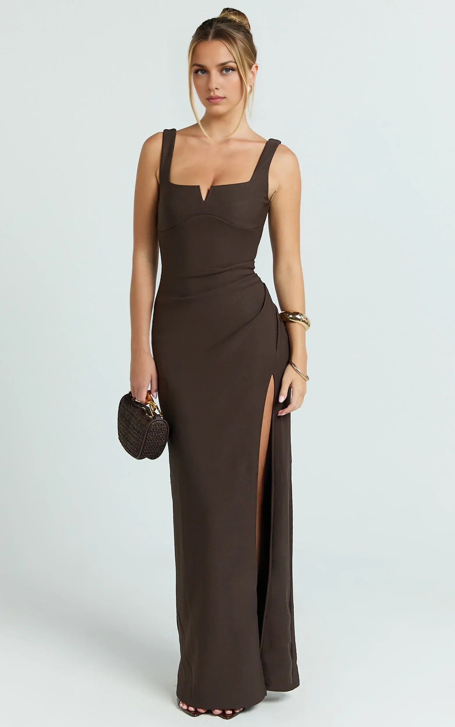 Chic Sheath Square Neck Sleeveless Ruched Side High Slit Floor Length Plus Size Evening Dress
