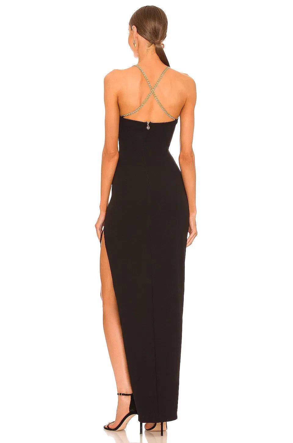 Chic Sheath Strapless Chain Strap Criss Cross Back High Slit Floor Length Evening Dress