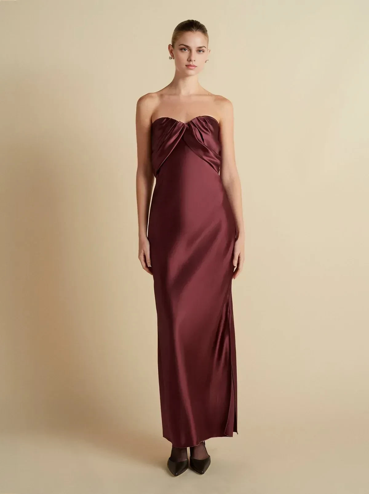 Chic Sheath Strapless Ruched Bodice Side Slit Floor Length Prom Dress