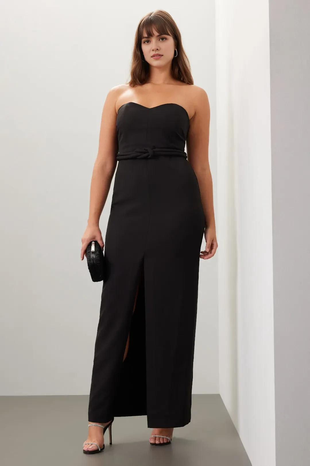 Chic Sheath Strapless Sleeveless Knot Waist High Slit Floor Length Plus Size Prom Dress