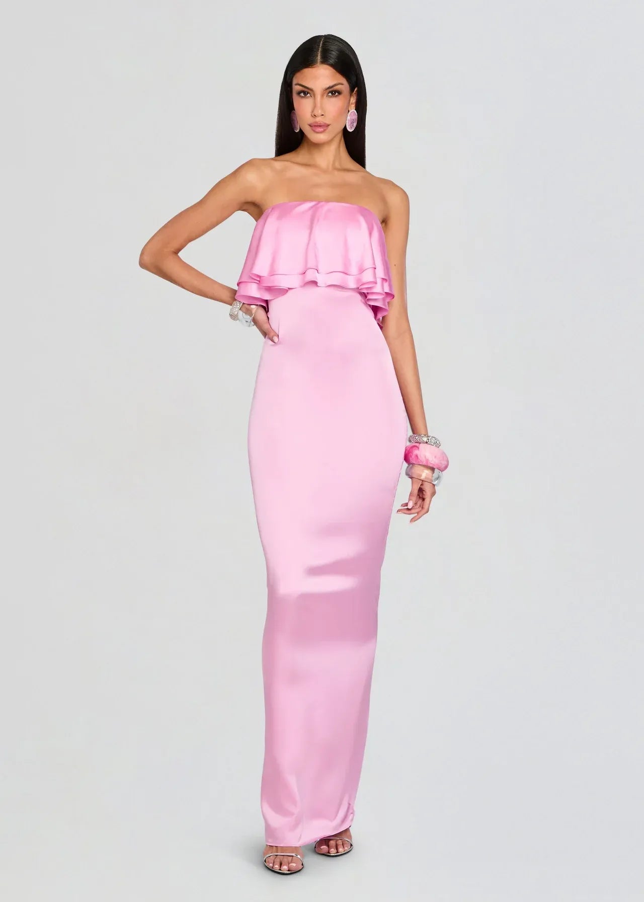 Chic Sheath Strapless Sleeveless Ruffle Accent Floor Length Plus Size Prom Dress