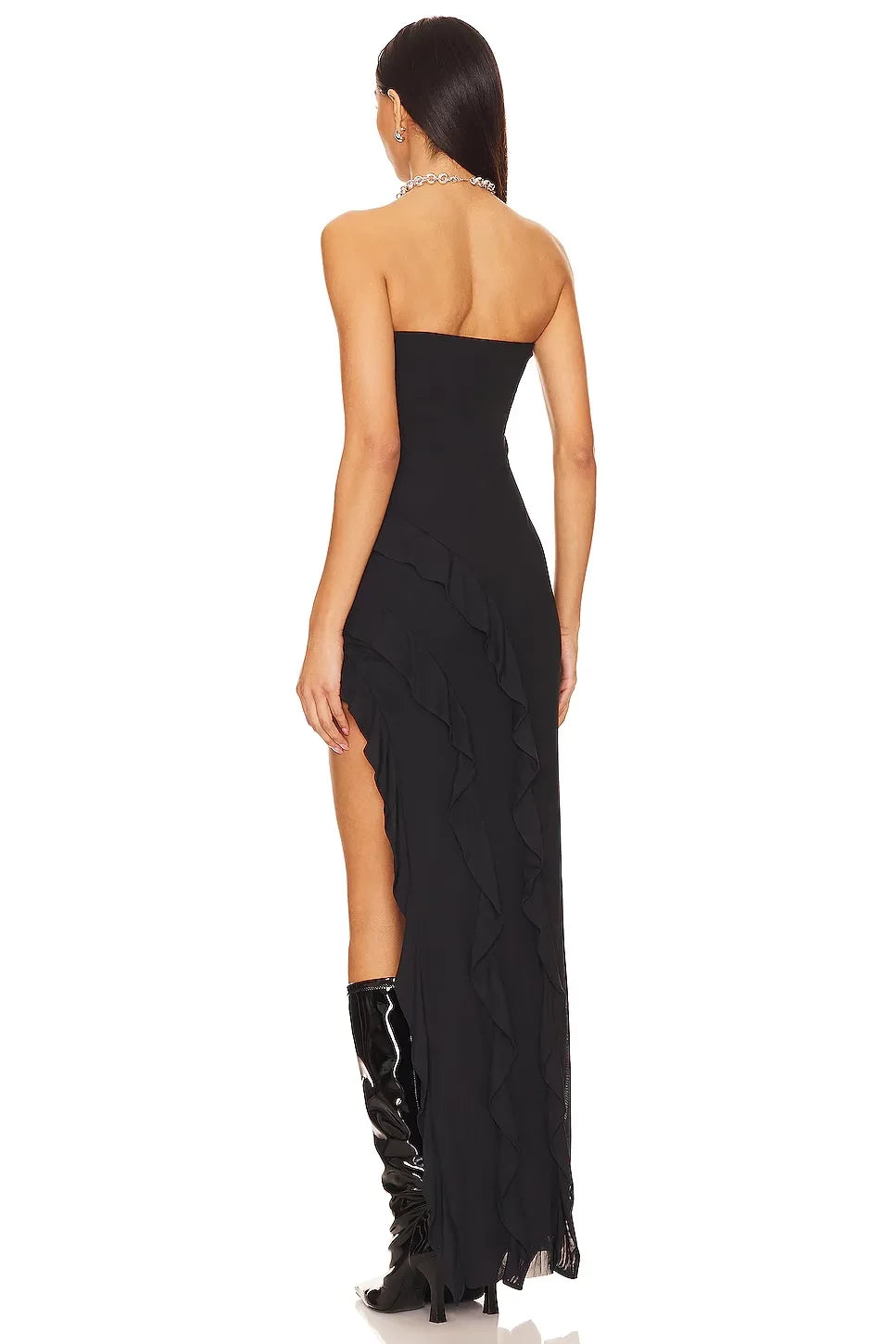 Chic Sheath Strapless Sleeveless Ruffled Hem Asymmetric Length Evening Dress