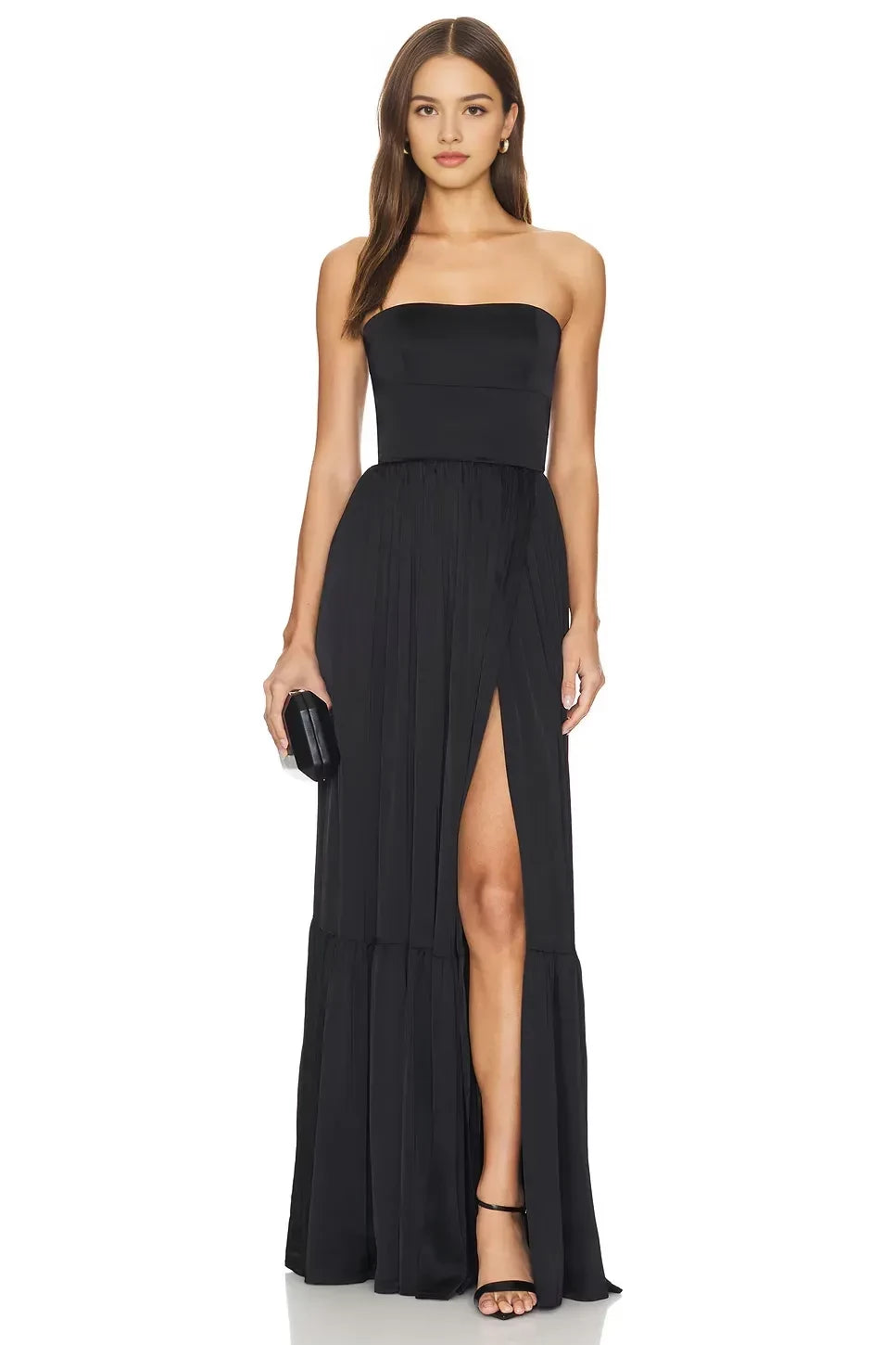 Chic Sheath Strapless Sleeveless Tiered Slit Floor Length Evening Dress