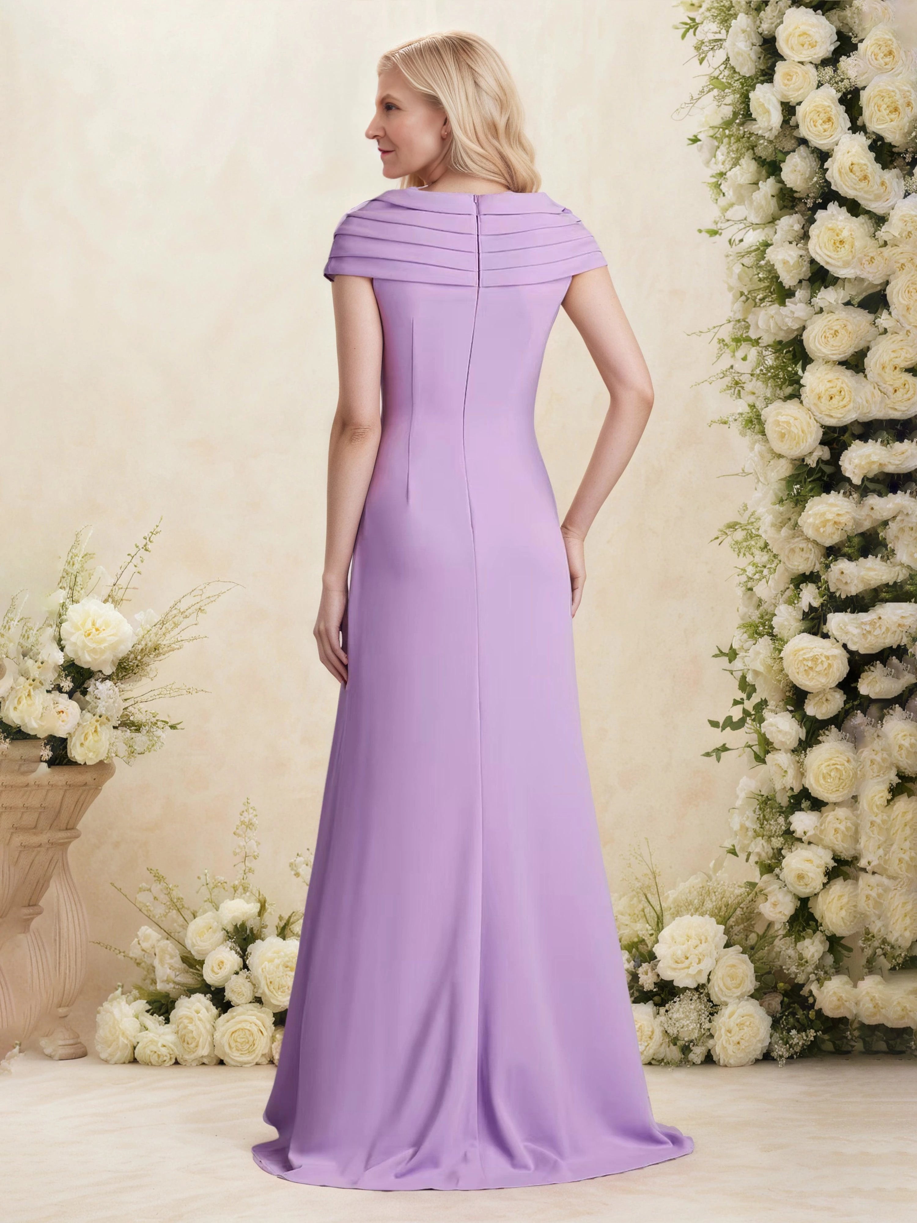 Chic Sheath Surplice Neck Cap Sleeve Zip Back Floor Length Mother of the Bride Dress