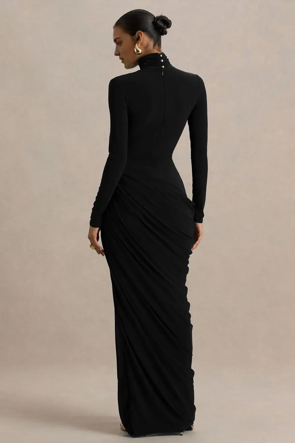 Chic Sheath Turtleneck Long Sleeve Ruched Back Floor Length Evening Dress