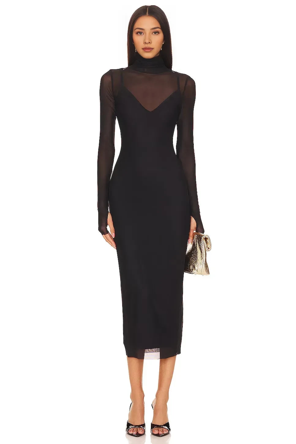 Chic Sheath Turtleneck Long Sleeve Zipper Back Midi Length Evening Dress