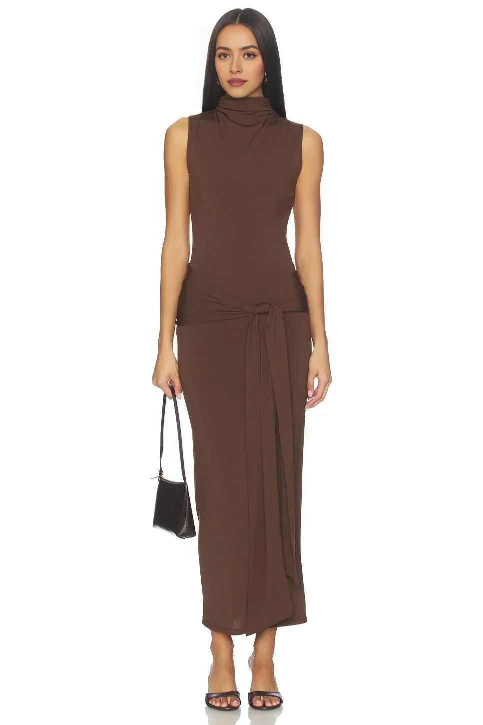 Chic Sheath Turtleneck Sleeveless Tie Waist Midi Length Evening Dress